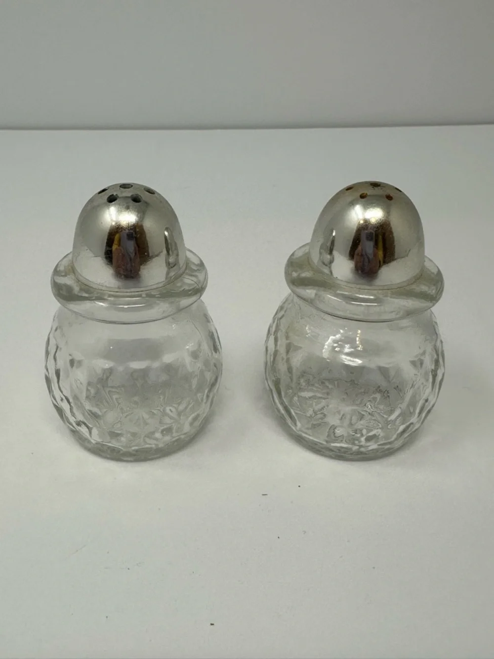Vintage 1950s Glass Salt and Pepper Shakers Round Quilted Diamond Pattern A3